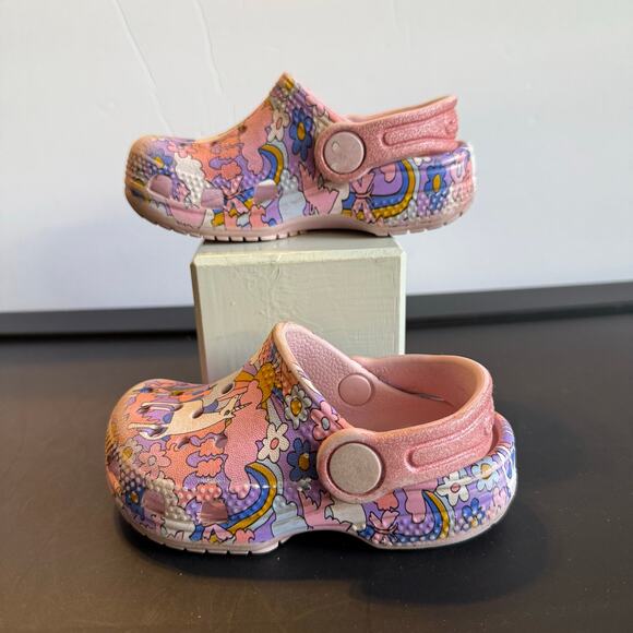 Crocs Classic Kids Clogs C6 Pink Unicorn Rainbow Print Slip-On Shoes - Picture 11 of 11
